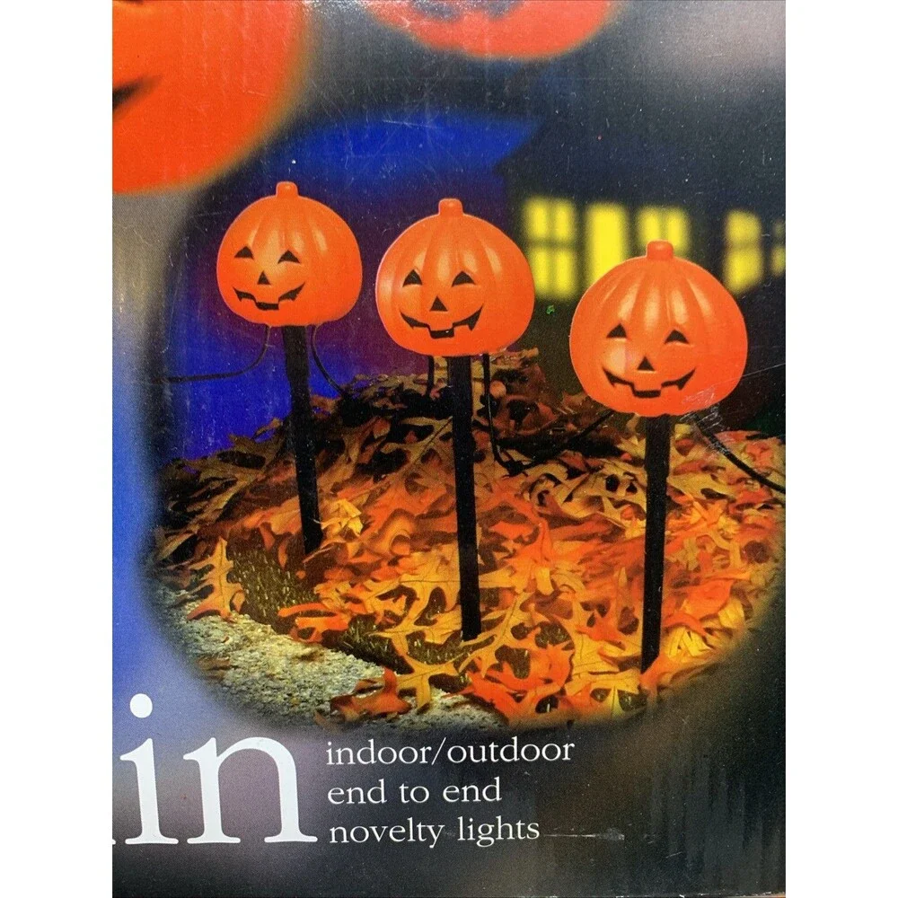Vintage Blow Mold Halloween Pumpkin Lights Lawn Stakes Orange Jack O Lantern
